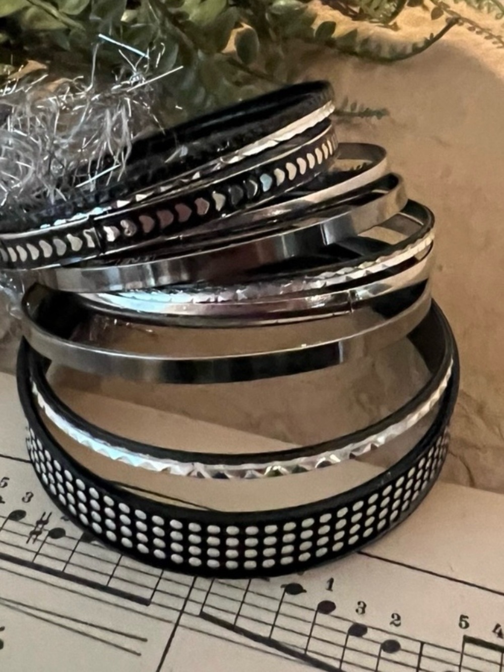 10 Bangle Bracelets Silver Chrome and Gunmetal Black Stack